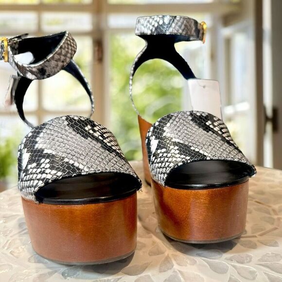 TORY BURCH $425 Camilla Wedge Sandals Women’s 6.5 Snake Print Platform Wood Heel - Picture 6 of 16